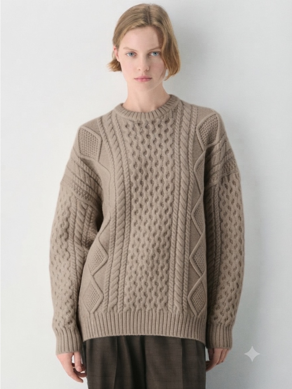 Aritzia Sz M Heritage Knit Tan Grey Merino Wool Cable Knit Fisherman Sweater